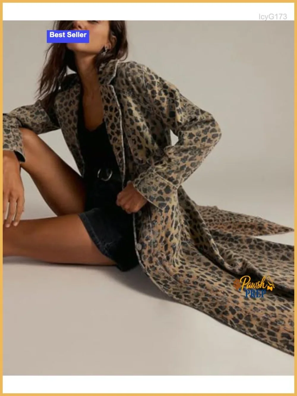 Leopard Print Denim Trench Coat Distressed Midi Jean Jacket Overcoat
